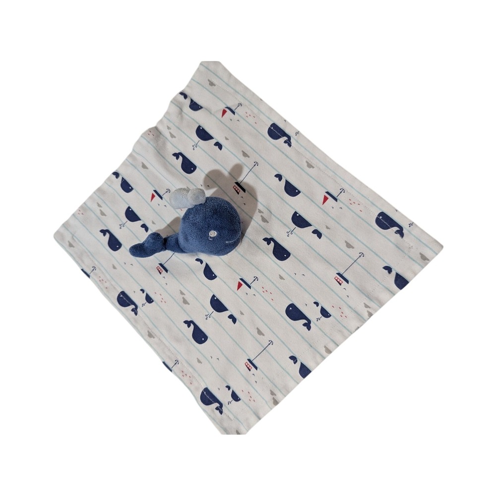 Mothers Promise Blue Whale Nautical Security Blanket Lovey‎ Plush White Striped